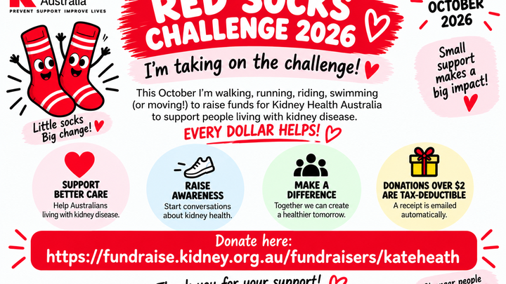 Kate's Red Socks Challenge – Supporting Kidney Health ❤️ campaign photo, 1 of 3